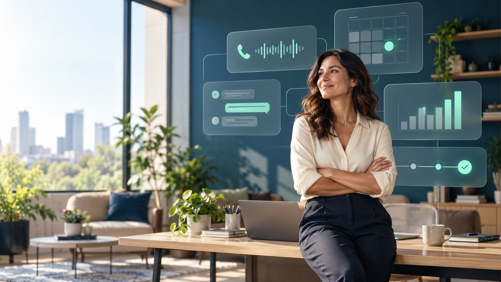 Concept illustration of a business owner with connected calls, appointments and reporting