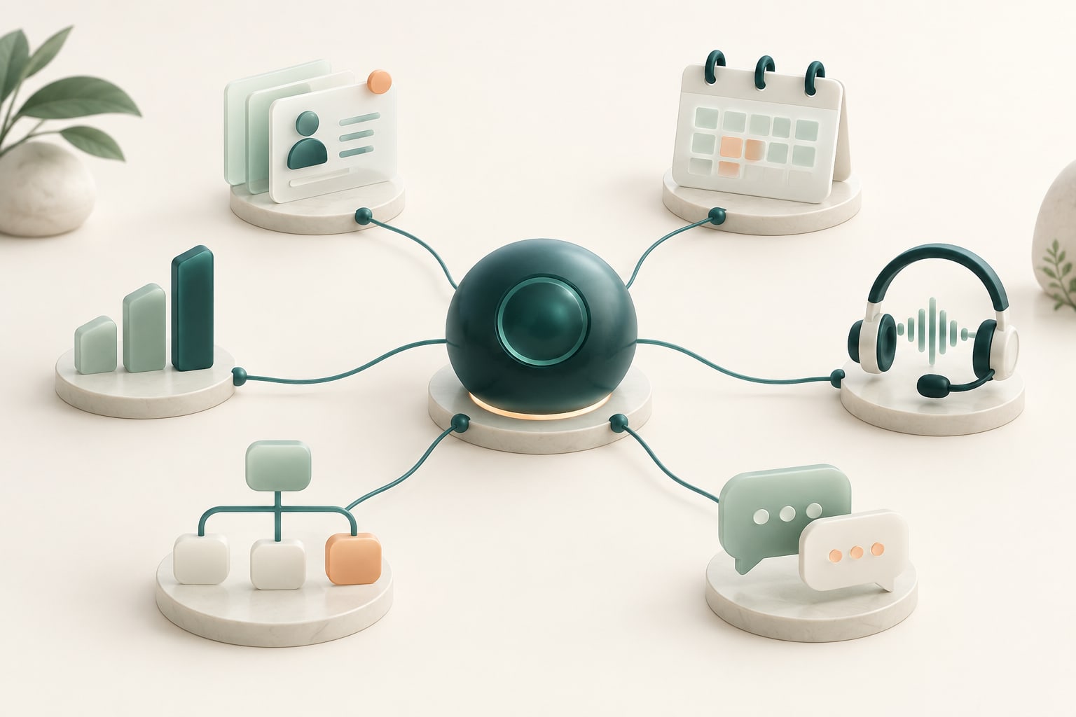 Concept illustration: CRM, calls, calendars and automation connected to one hub