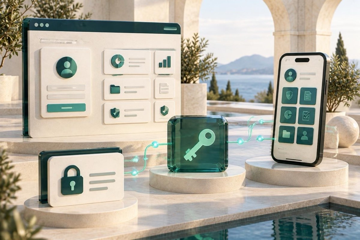 Illustrazione IA: un portale clienti con accesso membri e un’app mobile con il vostro marchio