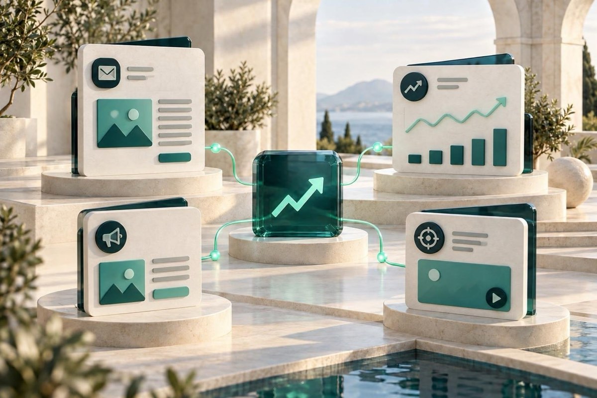 Illustrazione IA: una campagna email, statistiche del sito web e pubblicità attorno a una freccia di crescita