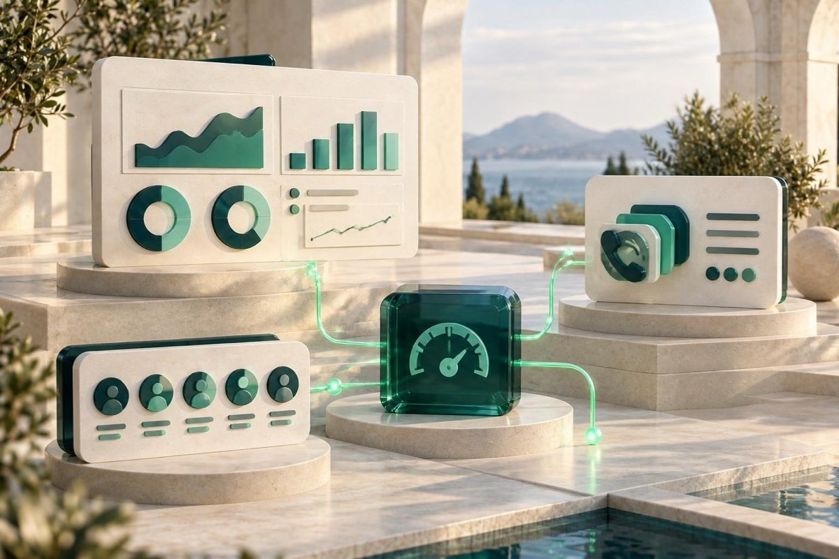 Illustrazione IA: dashboard, volume di chiamate e un team che lavora insieme