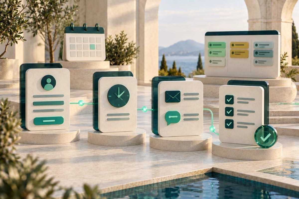 KI-Illustration: eine automatisierte Abfolge: Formular, Wartezeit, E-Mail und SMS, dann eine Aufgabe