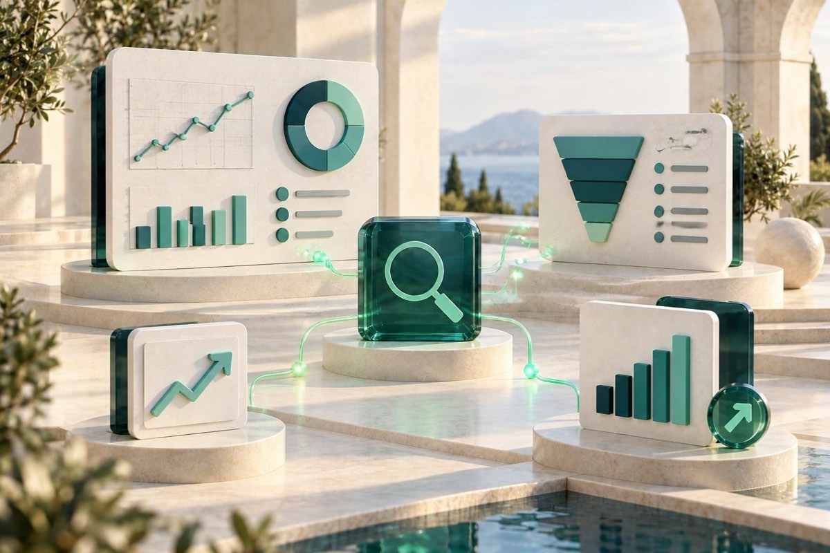 KI-Illustration: ein Berichts-Dashboard mit Diagrammen und einem Verkaufstrichter